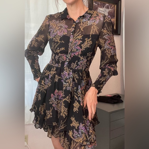 NWT Free People Sheer Layered Mini Dress Long Sleeves Collared Button Down - Picture 1 of 13